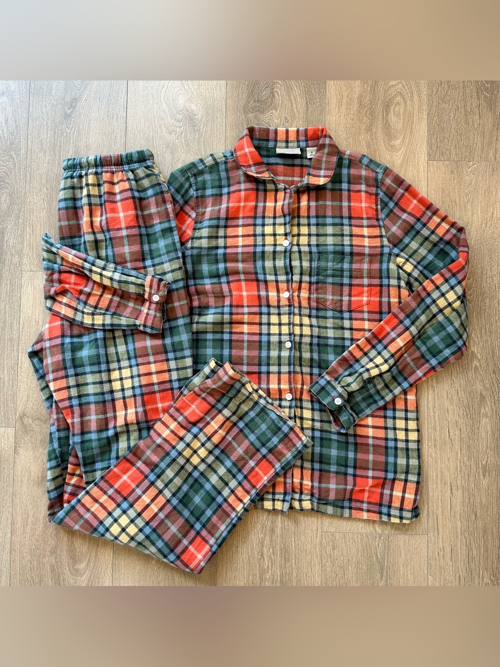 L.L. Bean Women's Plaid Flannel Pajama Set - Red, Green & Yellow Size S Tall